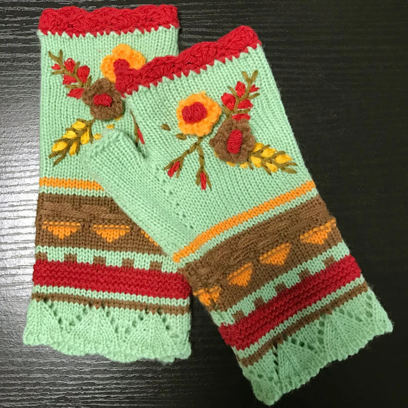 

Женские теплые перчатки ручной работы, вязаные, с полупальцами, ручное вязание крючком цветок, зимние перчатки, вышитые перчатки, 2020