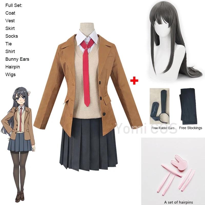 

Anime Sakurajima Mai Cosplay Costume Rascal Does Not Dream of Bunny Girl Senpai Mai Cosplay Wig and Bunny Ears Headwear Uniforms