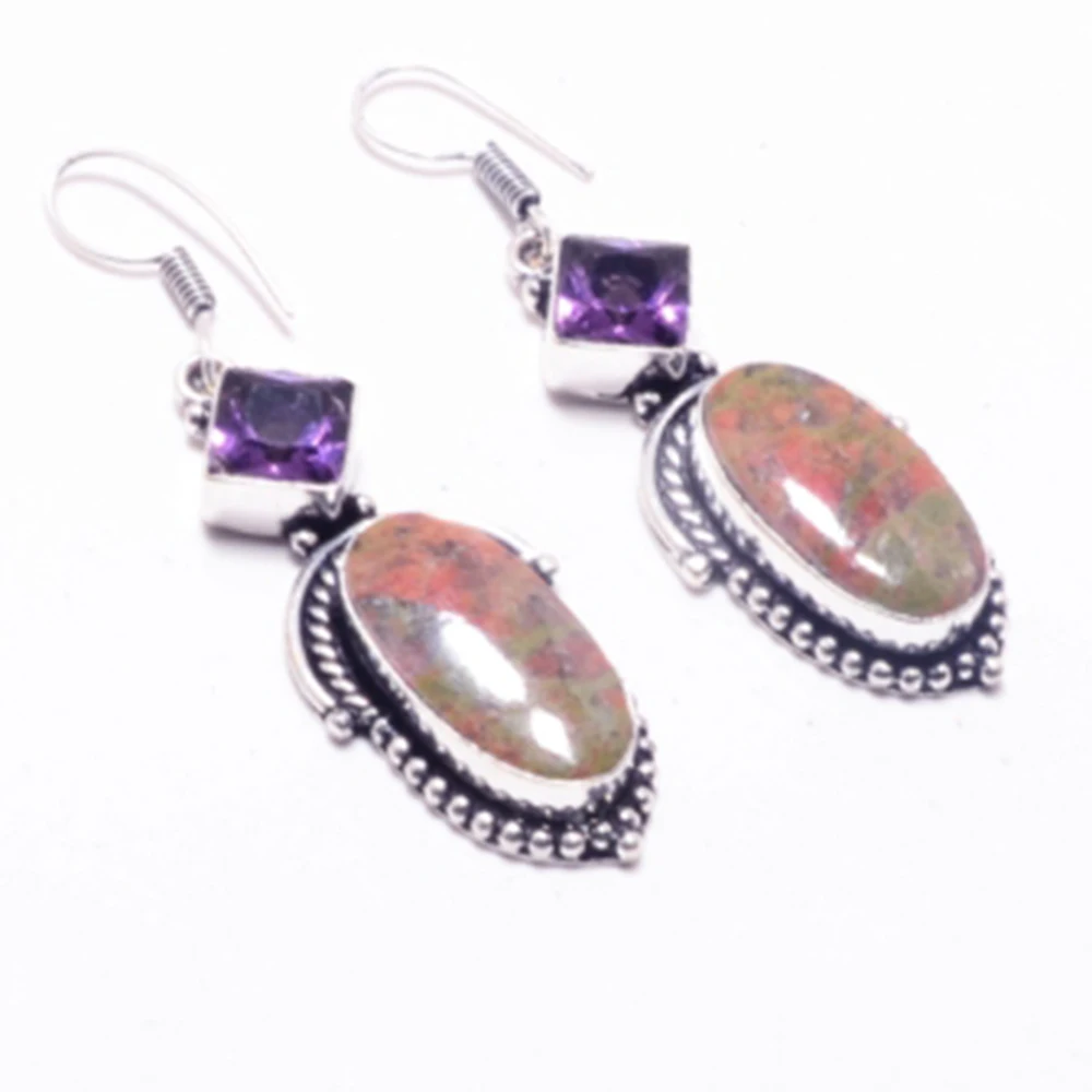 Подлинная Unakite + аметист серебряное покрытие на медные серьги ручная работа