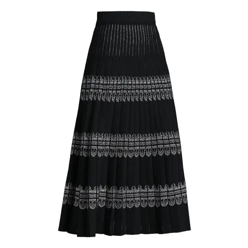 

Luxury Houndstooth Long Knit Women Pleated Skirt Autumn Winter Thick Warm A Line Skirt Chic Knitted Sweater Skirt Femme