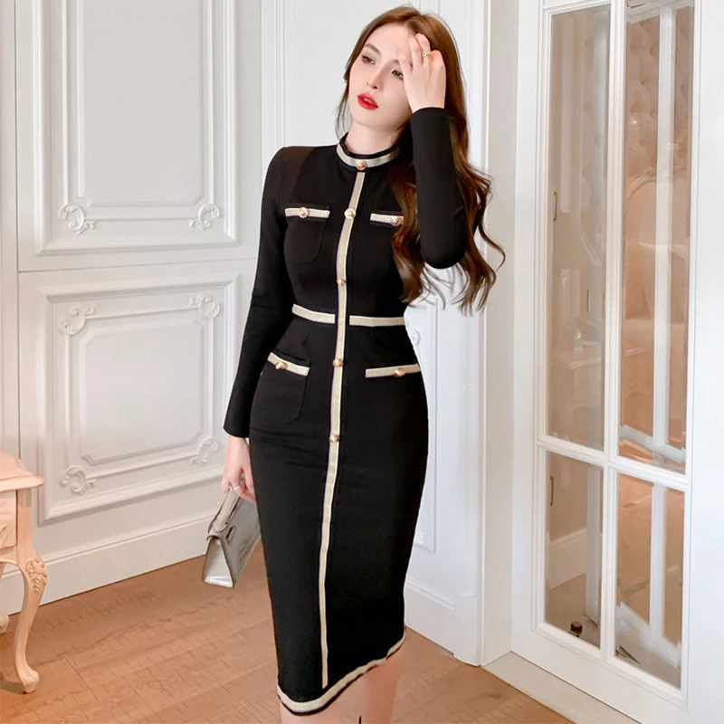 

Fashion Autumn Vintage Female Knitted Stretch Midi Party Dress Ladies Elegant Streetwear Long Sleeve Bodycon Button Black Dress