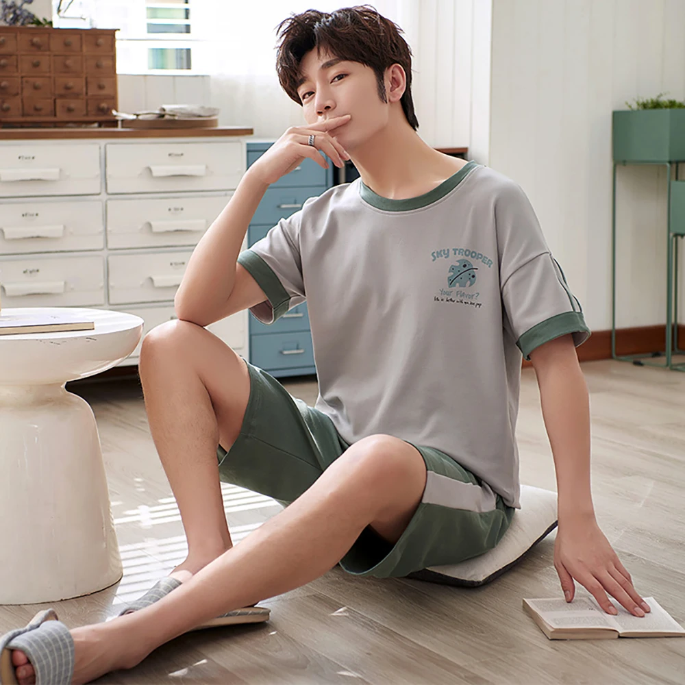 

Summer Fashion Leaves Print Pajamas for Men Casual Plus Size Men Pajama Sets Cotton Thin Sleepwear Lovely Cartoon pijama homme