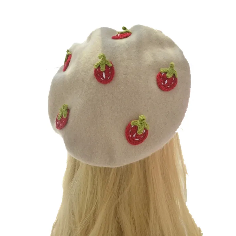 

Handmade Kawaii Red Strawberry Beret Vintage Artist Painter Hat Women Wool Cap Warming Gift Fashion High Quality Wholesale