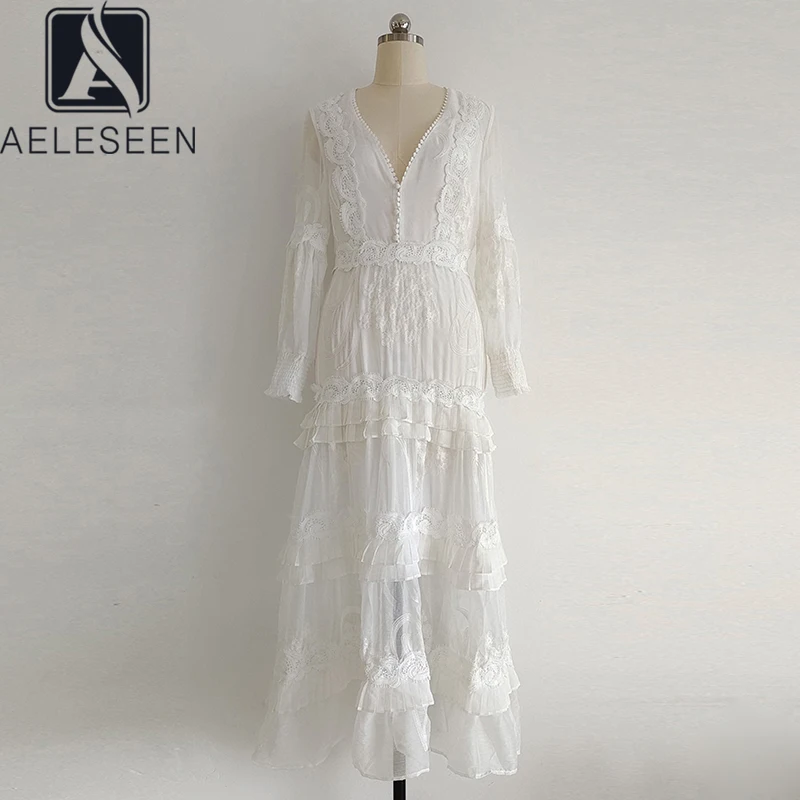 

Женское кружевное платье AELESEEN, белое кружевное платье с v-образным вырезом и цветочной вышивкой, Длинные вечерние платья с каскадными оборк...
