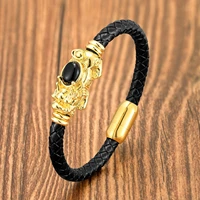 new feng shui pixiu charm bracelet round natural gemstone braided leather rope women bracelet fashion stainless steel jewelry