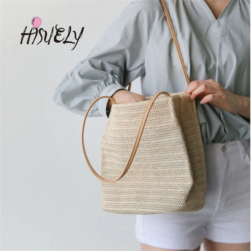 HISUELY Летняя женская прочная плетеная Соломенная пляжная сумка женственная