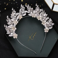 luxury leaves flower hairbands for women bridal silver color metal crystal rhinestones crown tiaras wedding hair accessories