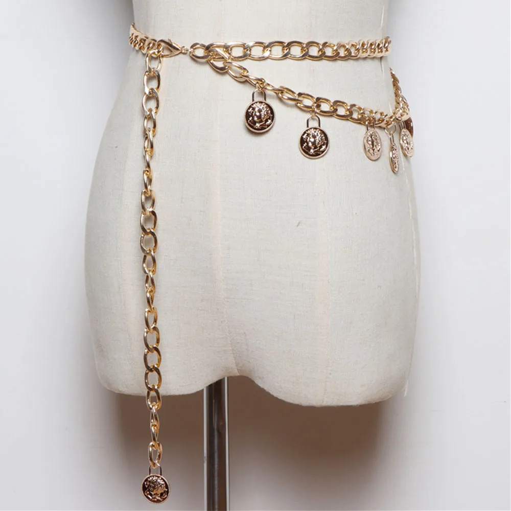 

Женский ремень с металлической цепочкой и кулоном в форме монеты, модный серебряный, золотой, длина 103 см, пояс с цепочкой на талии для леди, п...