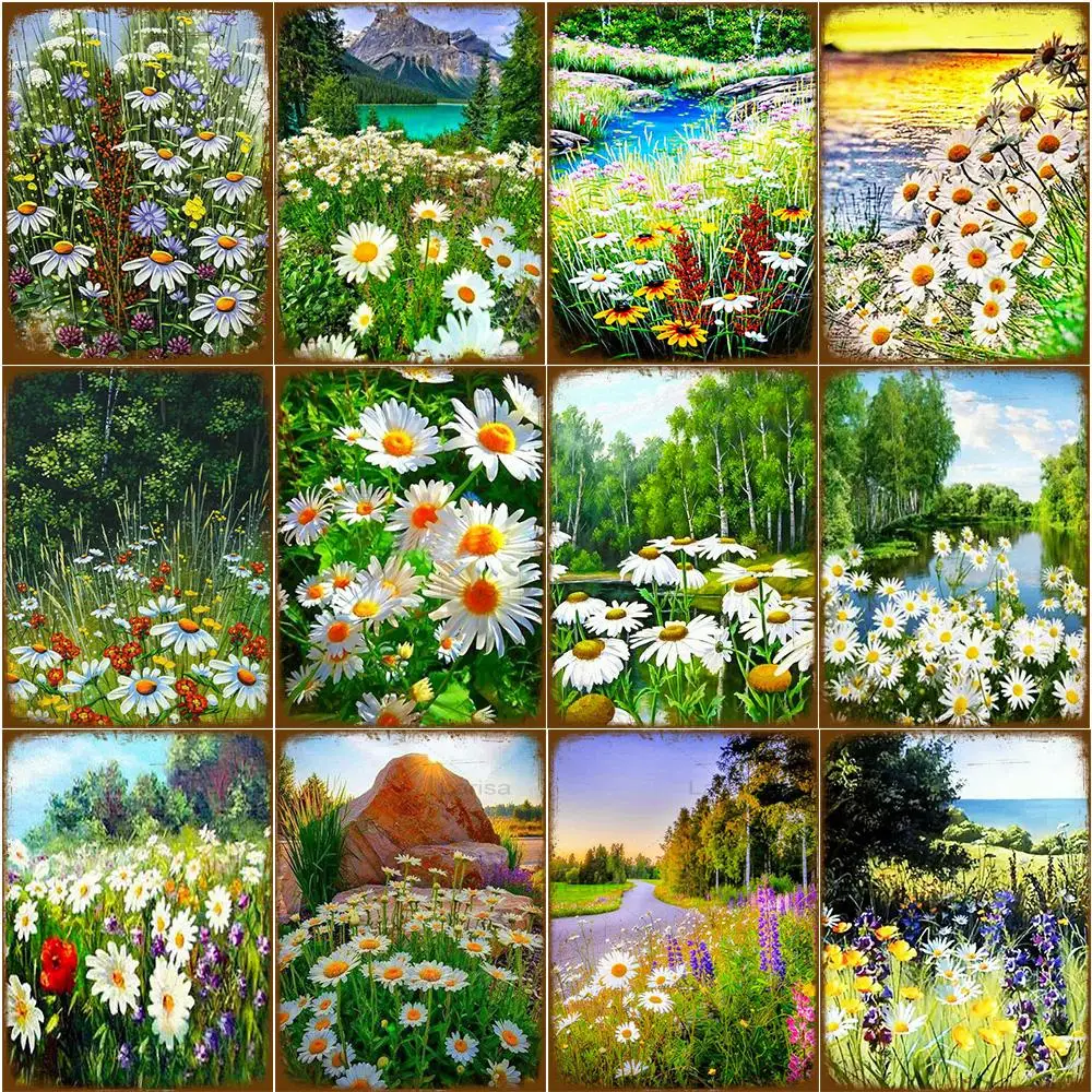 

Retro Metal Tin Signs Autumn Small Wild Flowers Chrysanthemum Plaque Garden Lake Trees Plate Pub Bar Art Stickers Wall Decor
