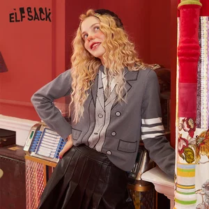 Женский трикотажный пуловер ELFSACK, Черный Повседневный пуловер с принтом в Корейском стиле, с длинными рукавами, базовые Топы, зима 2020