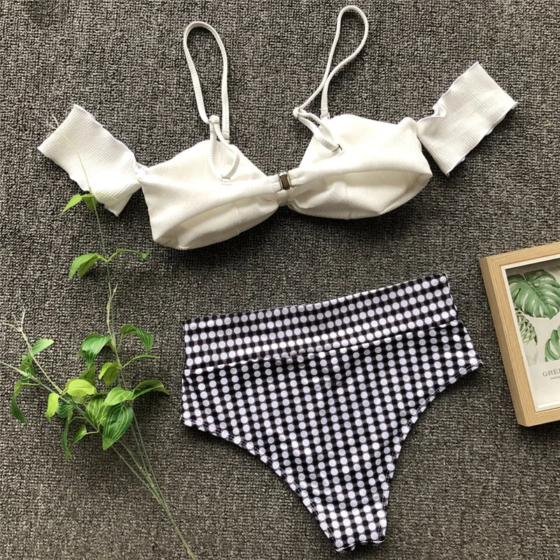 Пикантные Ретро черный белый цвет плед бандо ребристые Высокая талия купальник