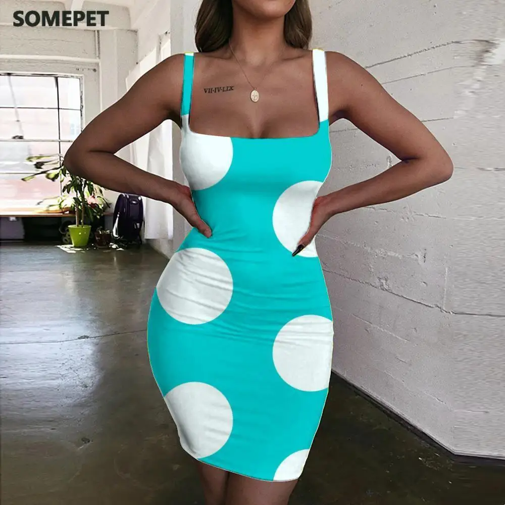 Женское платье в горошек без рукавов с лямкой на шее | Женская одежда