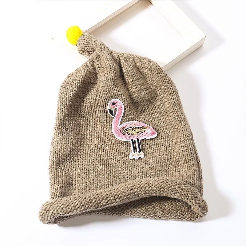 Детские трикотажные лыжные шапочки с рисунком Фламинго 2019 г. осенне зимние