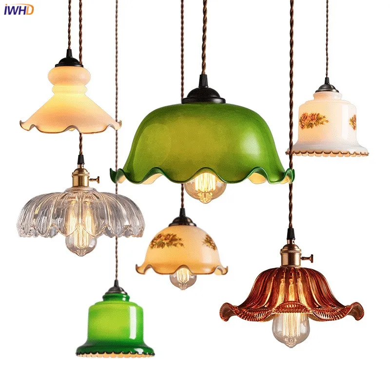IWHD Old Shanghai Vintage Pendant Lamp Green Glass Artistic 