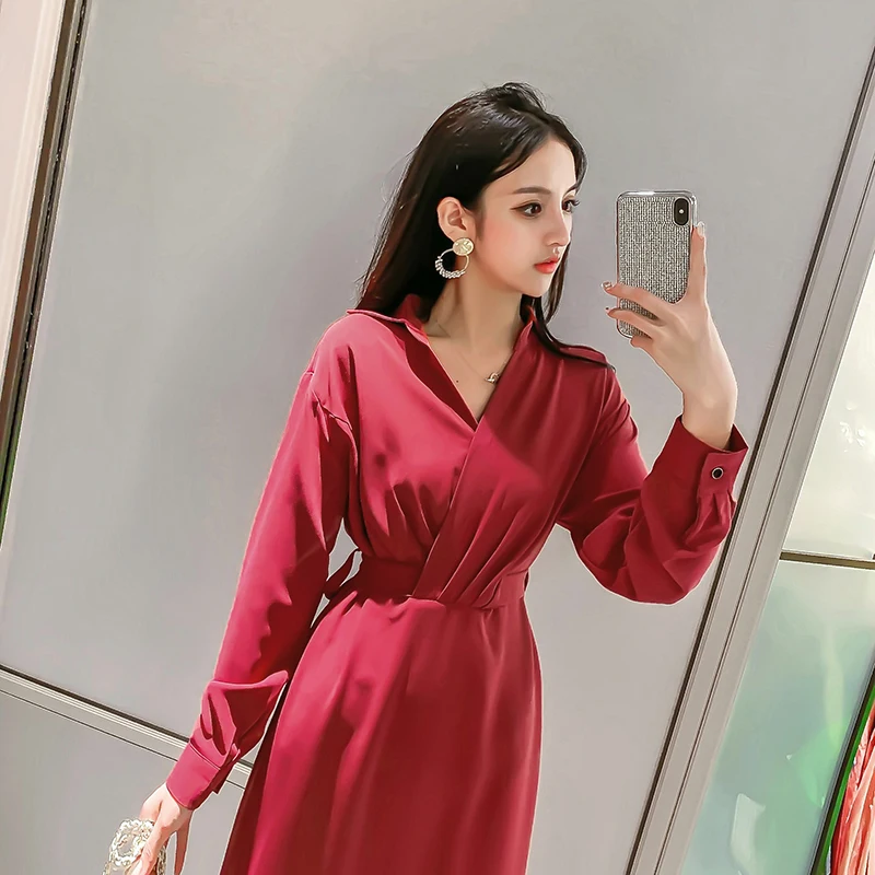 REALEFT осеннее элегантное женское платье рубашка с высокой талией и v образным