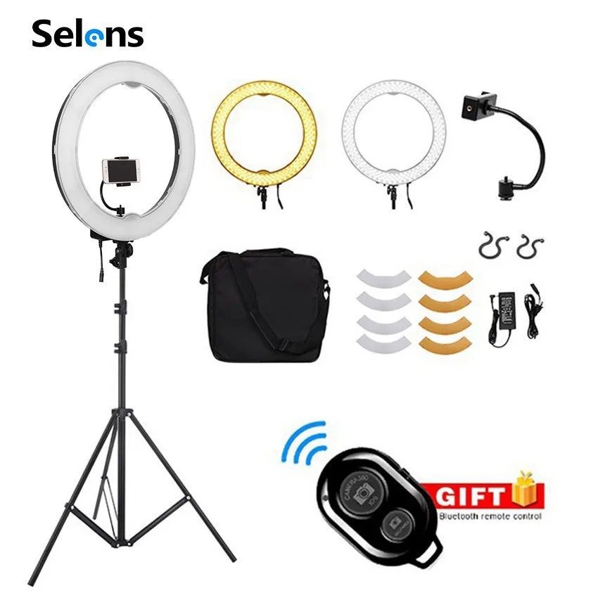 

Selens 18inch LED Ringlight Dimmable 3200K/5500K Studio Selfie Ring Light With Stand [Free Bluetooth Remote]