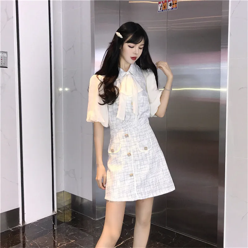 

Sweet Girl Two Piece Skirt Sets Outfits Fashion Elegant 2 Piece Plaid Dress Set Ladies Bowknot Puff Sleeve Shirt&Mini Skirt Sets