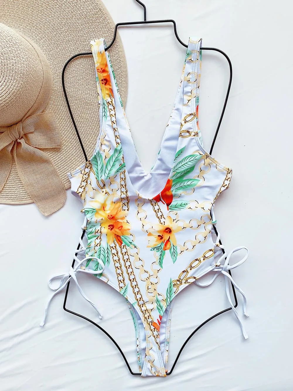 

New Vintage Print One Piece Swimsuit Women Swimwear Bandage Bodysuit Hollow Out Monokini Summer Bathing Suit Beach Wear