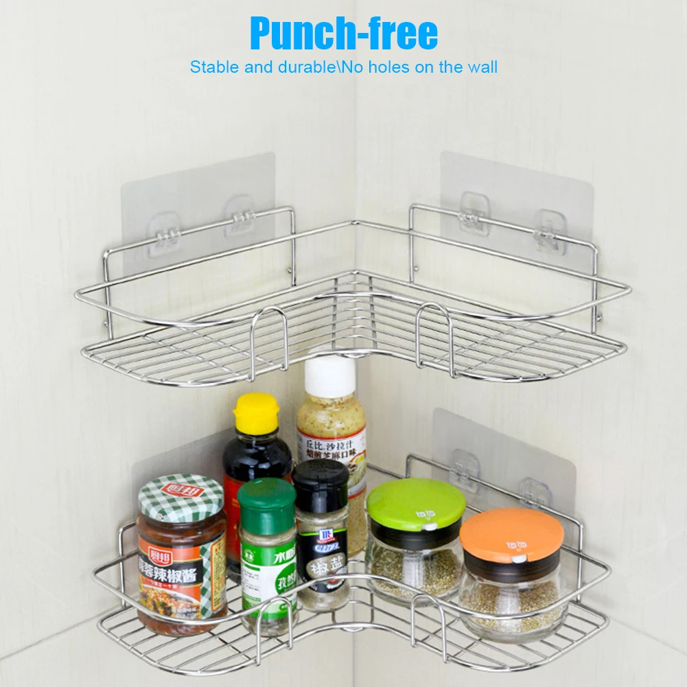 

Stainless Steel Storage Rack Punch-free Singer Layer Triangle Wall Mounted Shelf Holder for Bathroom Kitchen Bedroom
