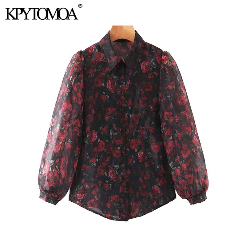Vintage Stylish Floral Print Organza Blouse Women Fashion Lantern Sleeve See Through Sexy Female Shirts Blusas Chic Tops