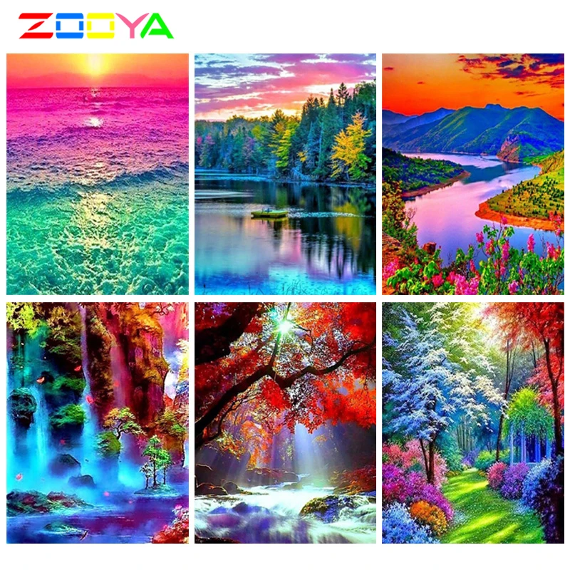 ZOOYA 5D DIY Алмазная Картина Пейзаж полное сверло &quotдерево цвет озеро&quot картина
