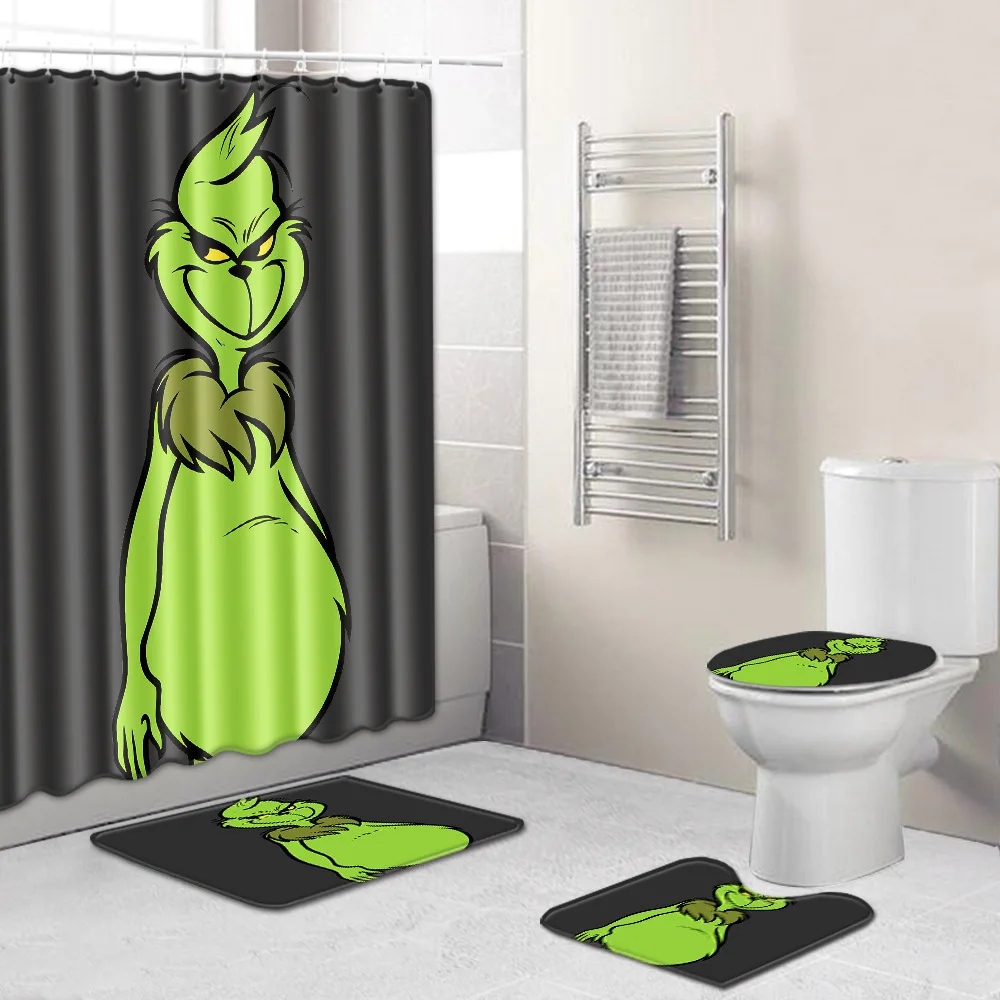 

4pcs Bathroom Curtain Set Cartoon Cute Shower Curtain Bathroom Curtain Hooks Bath Mats Set with Shower Curtain Bathroom Rug Set