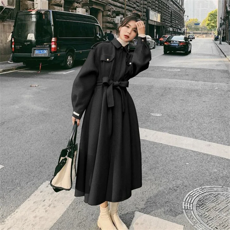 

Black woolen coat women's mid-length clothes autumn and winter korean belt casaco feminino верхняя одежда женская black pink