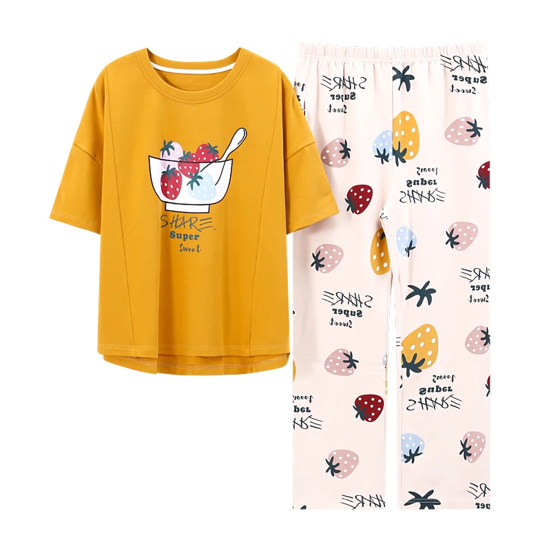 

Summer Leisure Cotton Short Sleeve Home Wear Strawberry Pants Cute Sleepwear Women's Fashion Yellow Nightwear Pajamas For Girls