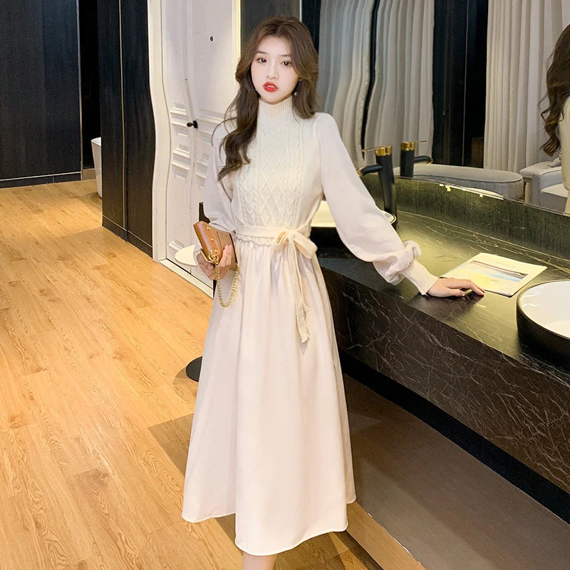 

Зимнее Новое милое приталенное трикотажное платье из двух частей с вышивкой и длинными рукавами юбка средней длины