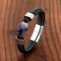 fashion diamond shaped natural amethyst semi precious stone bracelet for men and women 316l stainless steel leather rope jewelry
