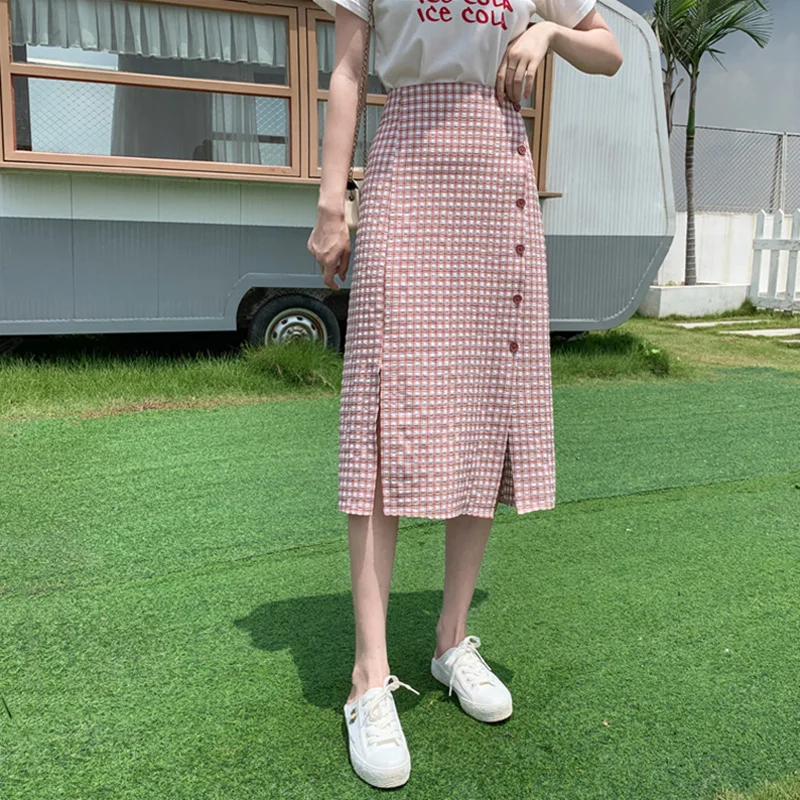 Harajuku летняя Клетчатая Женская юбка шикарная ретро юбка-карандаш с высокой талией