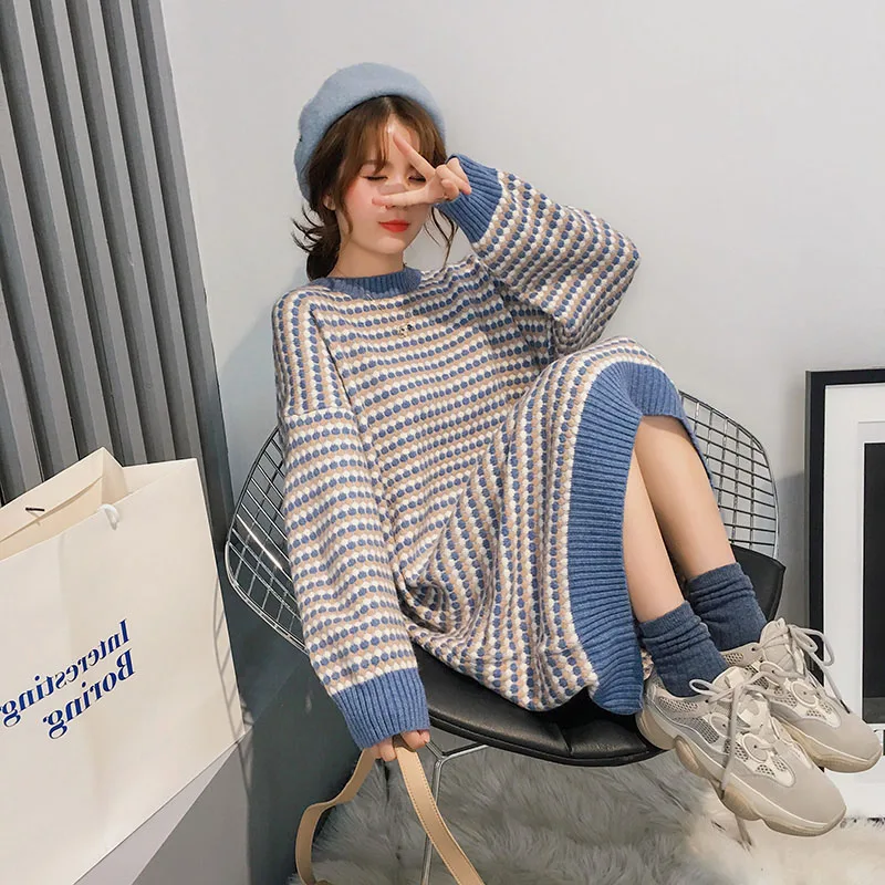 

Женский длинный вязаный пуловер, свободное платье в полоску, зимнее, Осеннее, шерстяное Женское Платье-Свитер оверсайз с длинным рукавом дл...