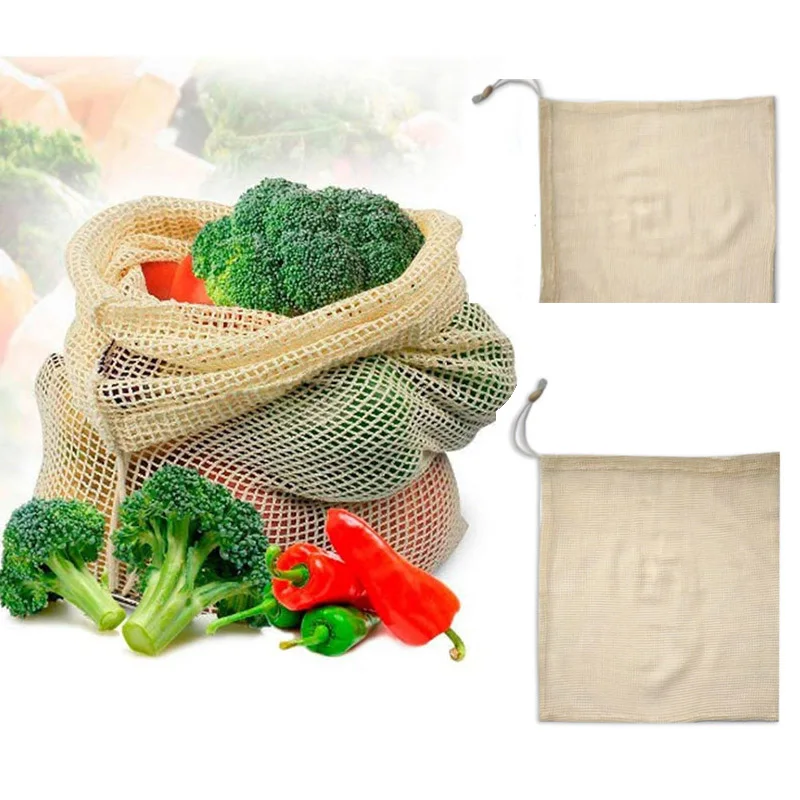

Хлопковые сетчатые мешки для овощей, многоразовые продуктовые сумки, сумка для покупок, сумка для хранения фруктов и овощей, Сетчатая Сумка для продуктов на шнурке для кухни