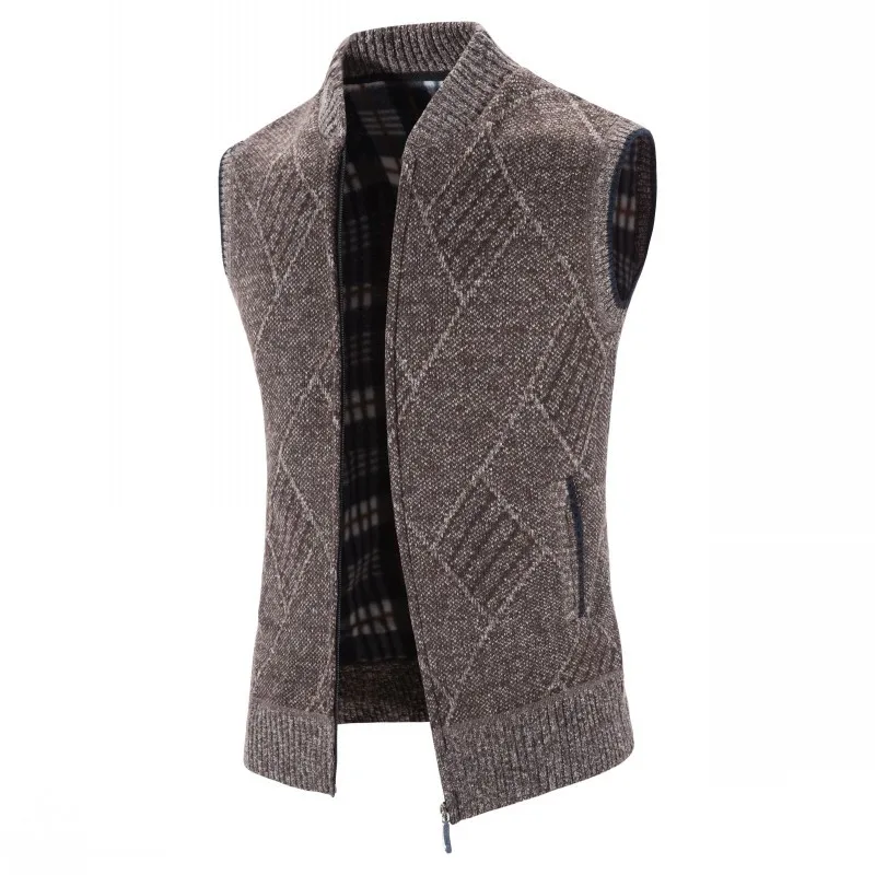 

Winter knitted vest men's plus velvet thick diamond pattern jacket collar men's sweater cardigan sleeveless jacket
