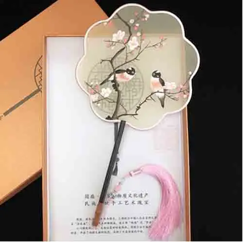 Роскошный китайский ручной фанат Hanfu Женский двусторонний веер с вышивкой и