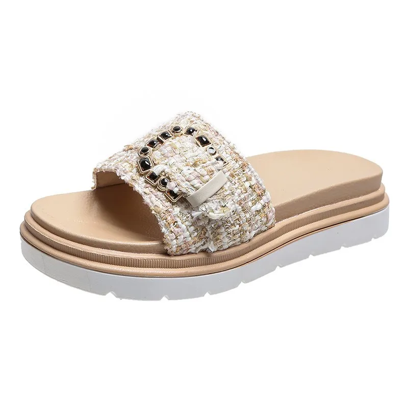 

Shoes Slippers Casual Med Slides Platform Slipers Women Low Luxury Summer 2021 Rome Fashion PU Fabric Basic Hoof Heels Rubber