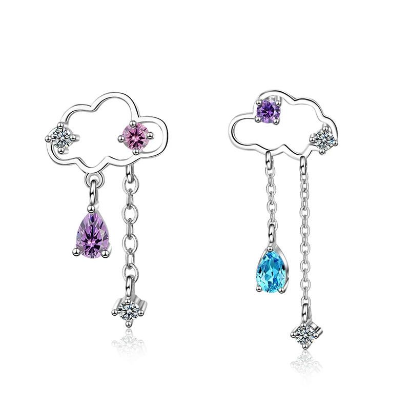 

Women's Fashion Asymmetric Cloud Rain Stud Earrings Colorful Water-Drop Zirconia Chain Tassel Creative Earring Piercing Jewelry