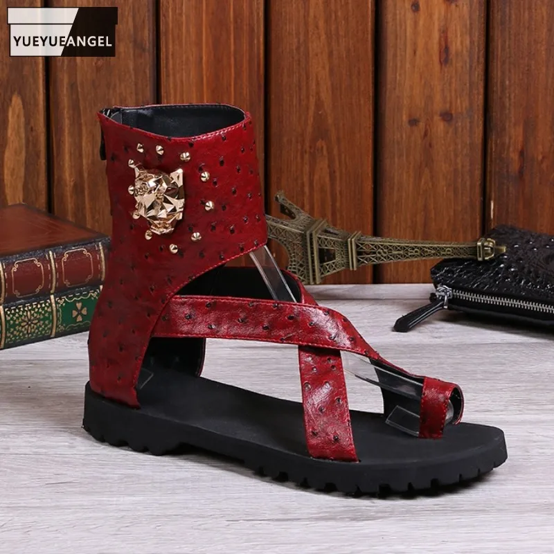 

Hip Hop Men Hollow Out High Top Sandal Summer Beach Genuine Leather Shoes Personality Rivets Punk Gladiator Sandals