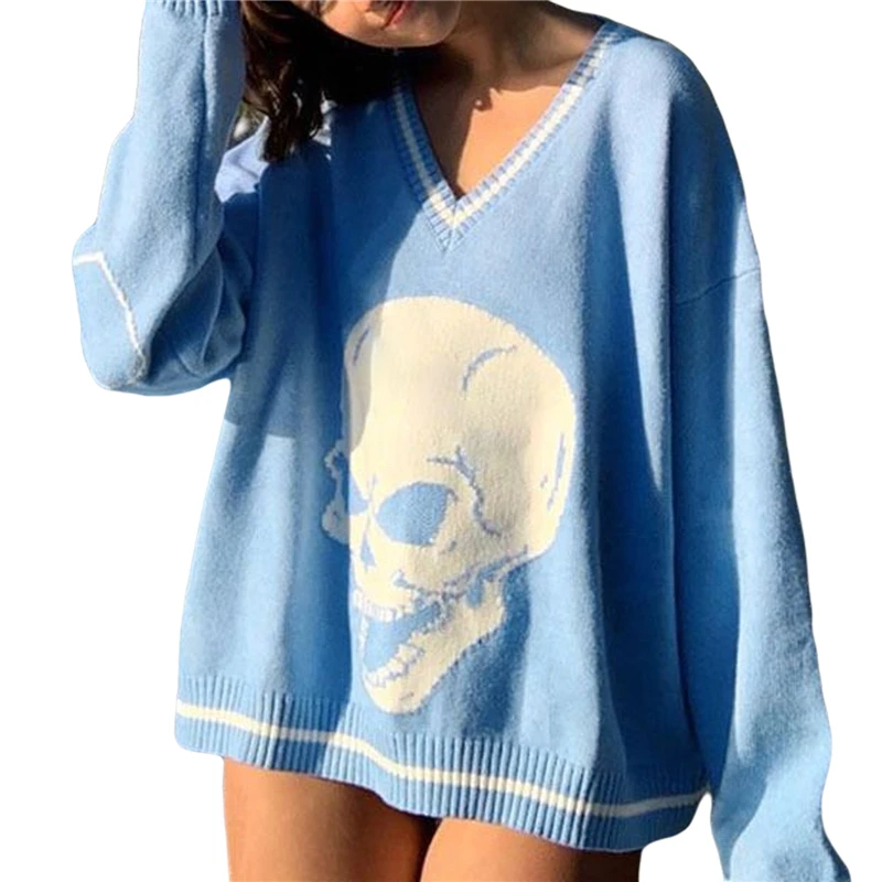 

2021 New Women's Autumn and Winter Personality Skull Pattern Casual Loose V-neck Knitted Fashion Sweater Pullover Lazy Style