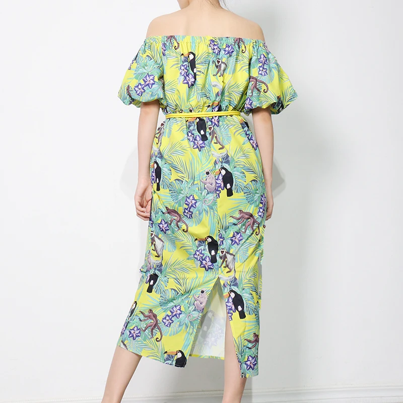 

CHICEVER Print Summer Sashes Dress For Women Slash Neck Short Sleeve High Waist Back Slit Dresses Female Fashion New Clothes