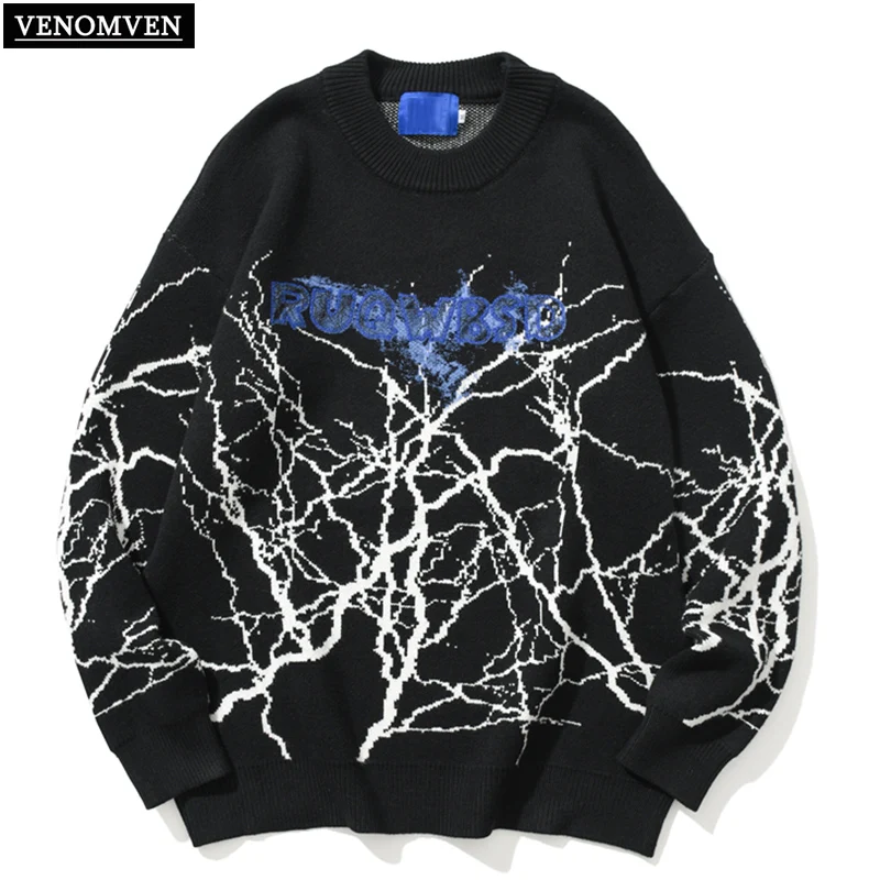 

Harajuku vintage graffiti lightning knitted sweater men oversized rock hip hop jumper brown pullover men grandpa ugly sweater