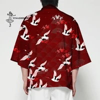 japanese kimono crane print yukata coat samurai men women harajuku shirt japan haori cardigan asian traditional anime costumes