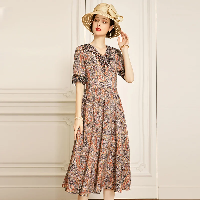 

SHZQ Foreign Style Printed Silk Dress 2021 New Slim Short Sleeve Mulberry Silk Skirt Children's Medium and Long Pullover