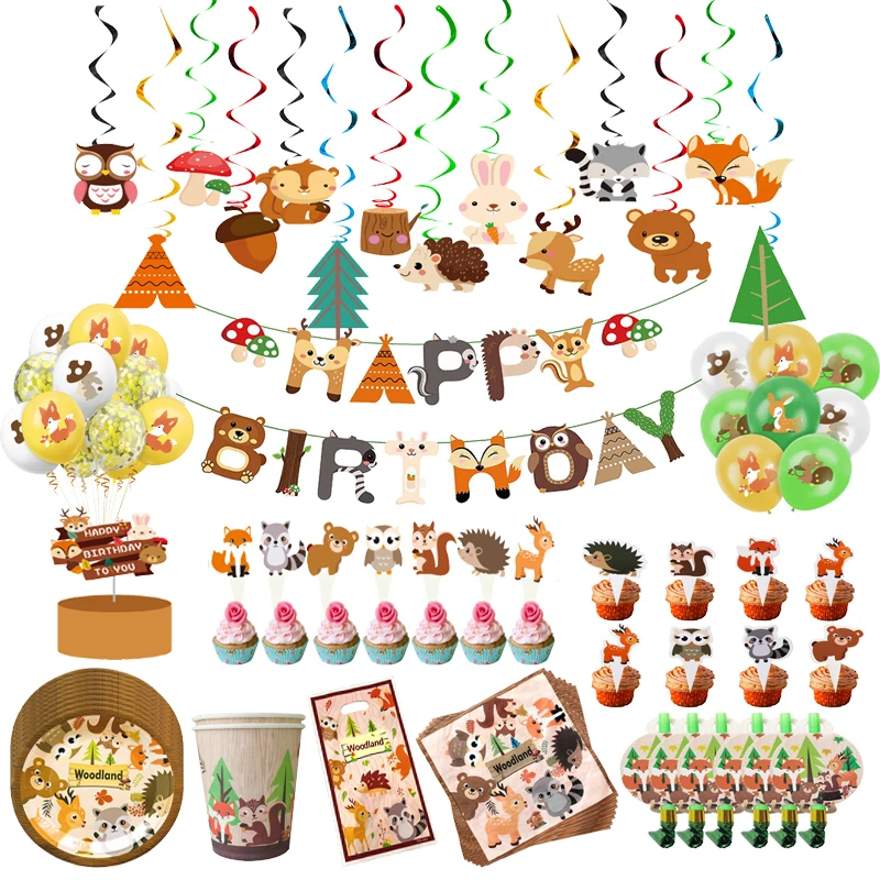 Woodland Forest Theme Birthday Decoration Wild One Party Supplies Animal Paper Plates Cup Banner Balloon Baby Shower