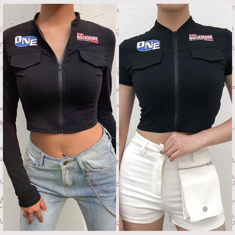 

Europe and the United States Women's Clothing Asymmetric Print Zipped Short Sleeve Slim Coat T-shirt Female