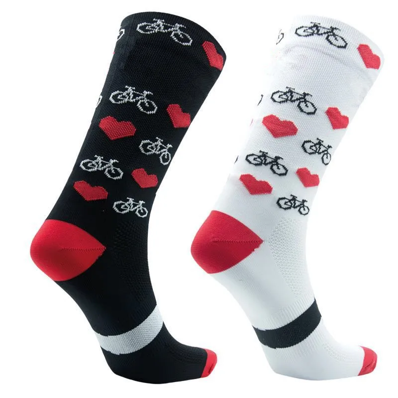 Профессиональные Спортивные профессиональные велосипедные носки для мужчин и женщин, компрессионные носки для шоссейного велосипеда, носки для горных велосипедов, гоночные носки с узором сердца