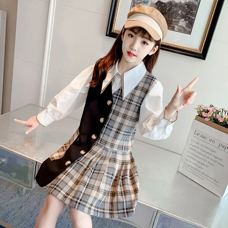 

Teen Girls Clothing Plaid Pattern Girl Clothes Blouse + Dress Tracksuit For Girl Chinese Style Children's Clothes 6 8 10 12 14