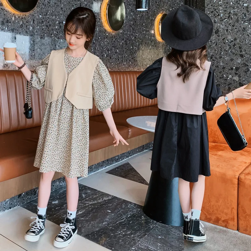 

Girls Clothing Sets 2022 Spring Summer Half Dress & Vest 2pcs Suit for Girls Clothes Fashion Kids Costume 6 8 10 Years