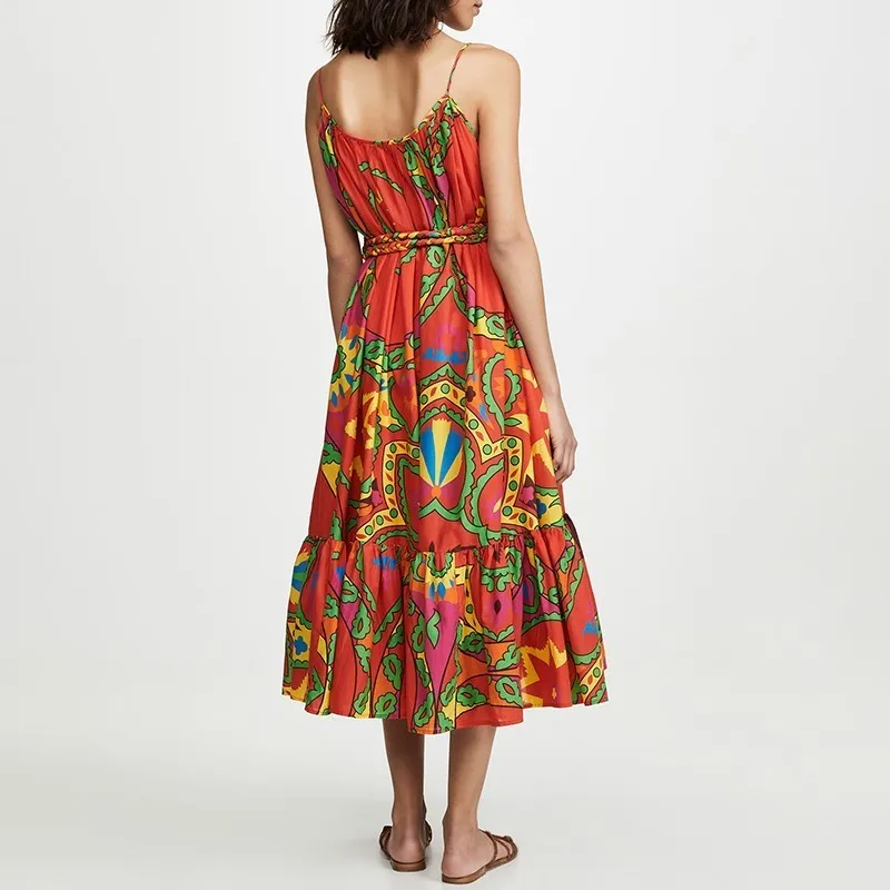 

CHICEVER Print Dress For Women Square Collar Sleeveless Sling High Waist Lace Up Colorful Casual Mid Dresses Female 2020 Clothes