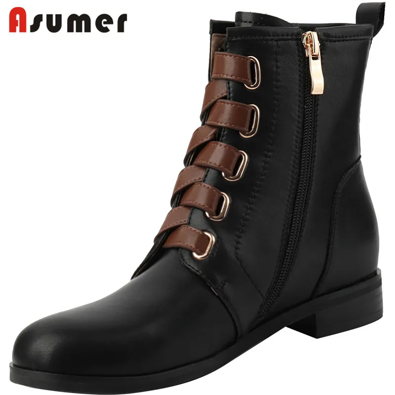 

Asumer 2022 New Arrive Flat Shoes Women Genuine Leather Boots Cross Tied Zip Round Toe Autumn Vintage Ankle Boots Women